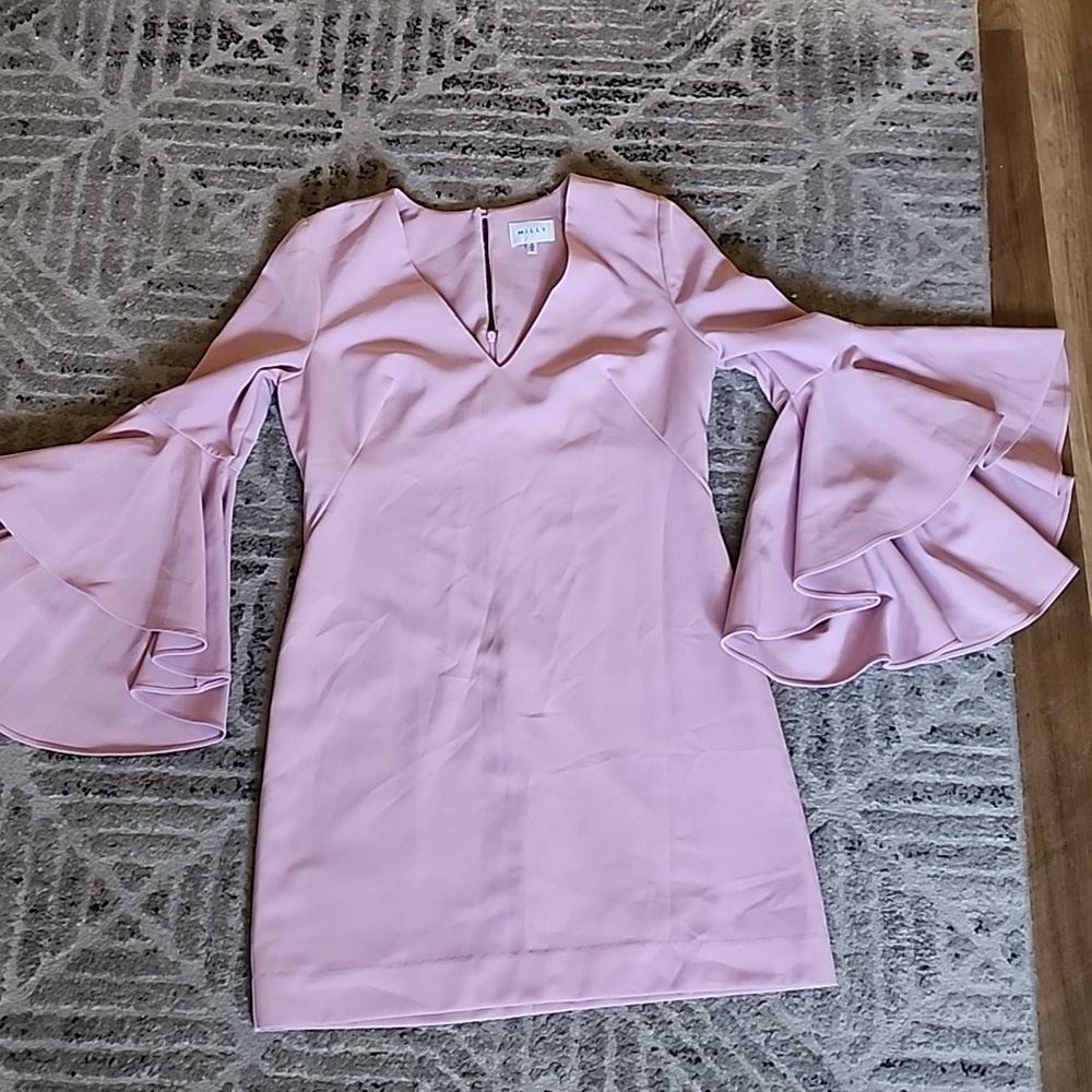 Milly Pink Mauve Bell Sleeve Shift Dress | Flounce Sleeve V-Neck Mini - Picture 3 of 13